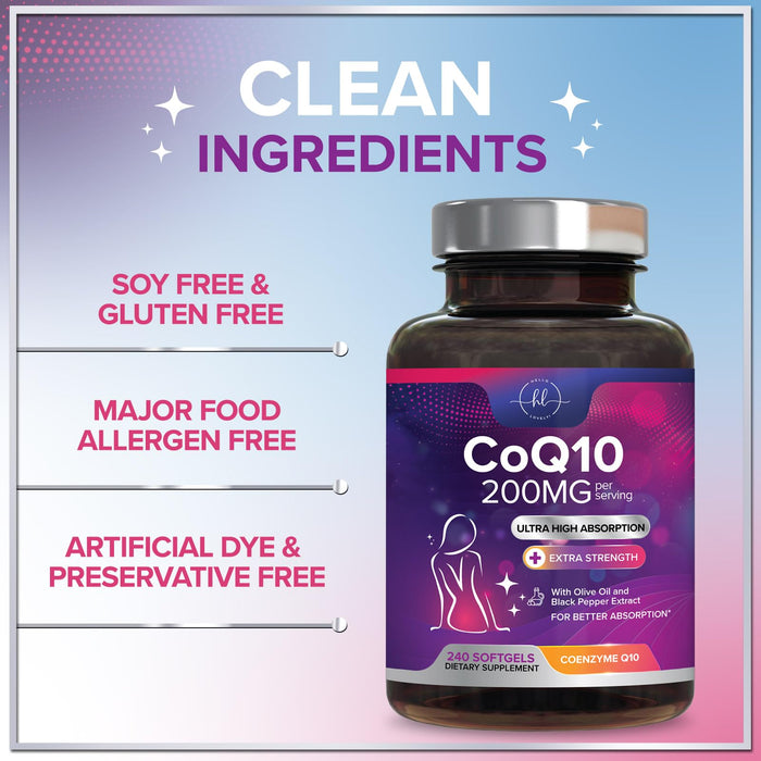 CoQ10 200mg Softgels - Ultra High Absorption, Antioxidant for Heart Health & Energy Production Support - Coenzyme Q10 (Ubiquinone) Co Q 10 Supplement and Vitamins 100mg Each - Non GMO - 240 Softgels