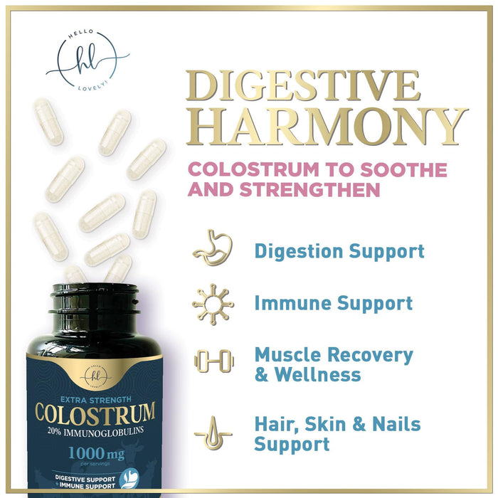 Colostrum 1000mg 20% IgG Immunoglobulins - Gut Health, Digestion & Immune Support, Bovine Colostrum Powder for Women, Muscle, Skin & Hair Growth Support, Bottled in the USA, Gluten Free - 120 Capsules