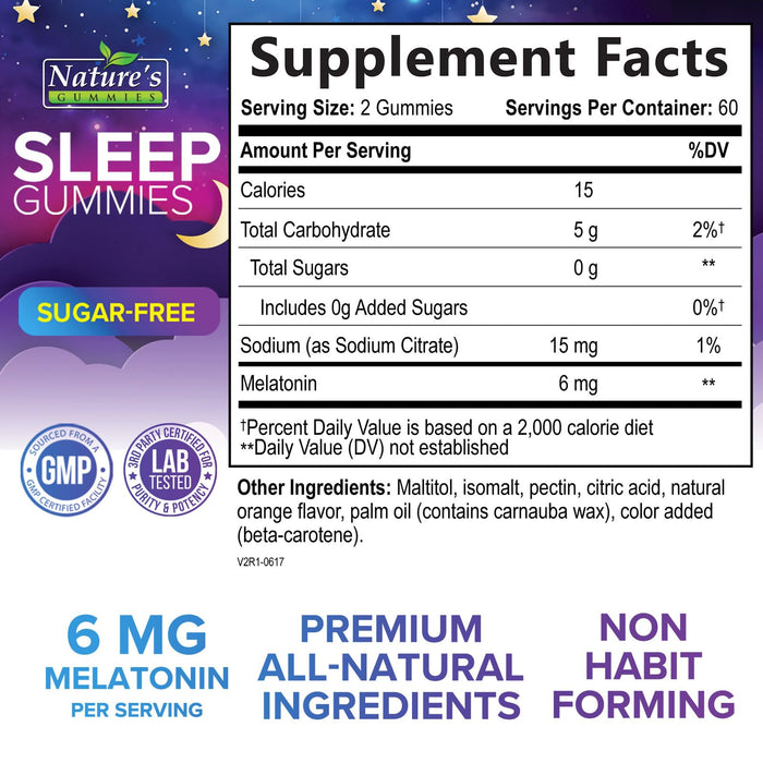 Sleep Gummies 6mg - Melatonin Gummy for Adults, Sugar Free, Natural Sleeping Gummy for Adults, Kids, Orange Flavored, Vegan, Non-GMO, Extra Strength Sleep Vitamin Support Supplement - 120 Gummies