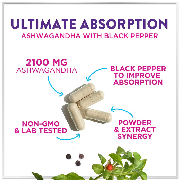 Ashwagandha 2,100 mg - Ashwagandha Supplements for Women in Veggie Capsules with Powder & Root Extract, Black Pepper for High Absorption, Plant Based, Non-GMO, Bottled in the USA - 60 Veggie Capsules