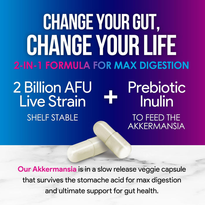 Akkermansia Probiotic Supplement - 2 Billion AFU GLP-1 Supplement with Prebiotic Fiber - Akkermansia Muciniphila GLP-1 Probiotics for Women & Men - Digestive, Gut & Immune Support - 60 Capsules