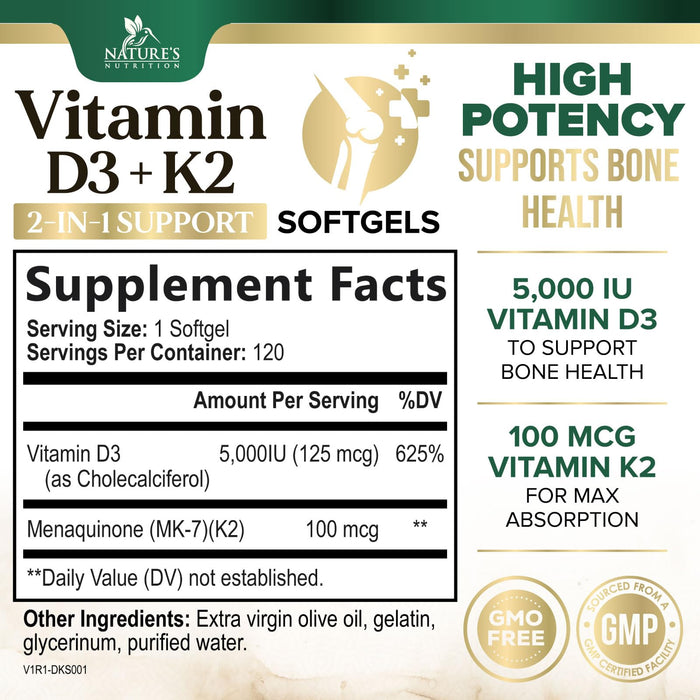Vitamin D3 K2 5000 IU Plus with K2 (MK-7) 100 mcg - Vitamins D & K Complex Supplement for Bone, Teeth, Muscle, Calcium Absorption, Supports Immune & Heart Health, Non-GMO, Oil Formula - 120 Softgels
