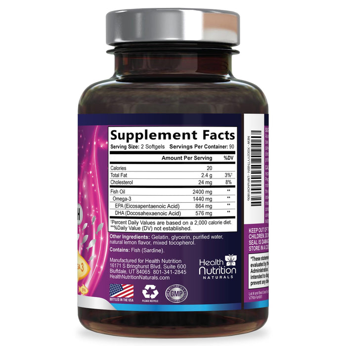 Omega 3 Fish Oil 2400 mg - Triple Strength Omega3, EPA & DHA Fatty Acids Supplement - Natural Support for Immune, Heart & Brain Health - Wild Caught, Non-GMO, Lemon Flavor, Burpless - 180 Softgels