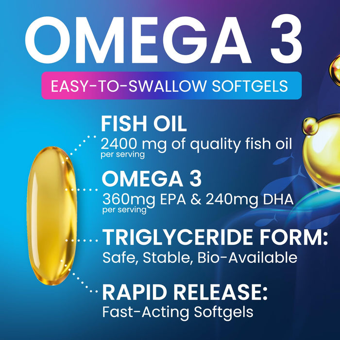 Omega 3 Fish Oil 2400 mg Supplement, Sustainably Sourced, Triple Strength Omega-3 Supplement Softgels, Brain Health Support, EPA & DHA Fish Oil Fatty Acids Supplements, Gluten & GMO Free, 60 Softgels