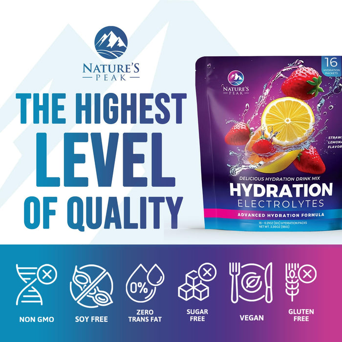 Electrolyte Hydration Packets - Best Electrolytes Drink Mix - Sugar Free Formula with Sodium, Potassium, Magnesium, Zinc & Vitamin C for Dehydration Relief and Rehydration, Strawberry Lemon (16 Pack)
