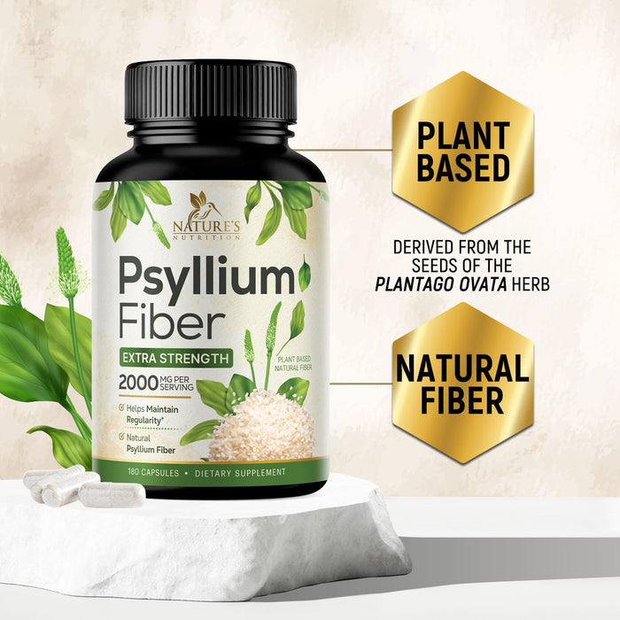 Psyllium Husk Fiber Supplement 1500mg, Natural Daily Soluble & Insoluble Fiber Pills, Psyllium Husk Powder Capsules Supports Digestion Colon Health & Regularity, Plant Based Supplement - 180 Capsules