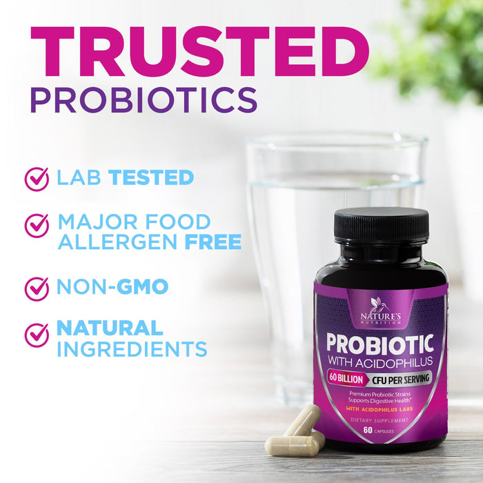 Probiotics 60 Billion CFU per Serving - 10 Strains + Prebiotics - Digestive Health, Gut & Immune Support - Supports Occasional Constipation, Gas & Bloating for Women & Men Shelf Stable - 60 Capsules
