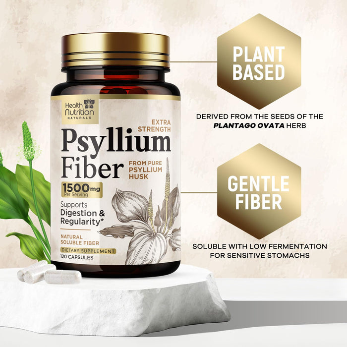 Psyllium Husk Fiber Caps 1500mg Supplement - Psyllium Husk Capsules Daily Support Digestive Health & Regularity, Nature's Plant Based Husks Natural Soluble Fiber Pills, Vegan, Non-GMO - 120 Capsules