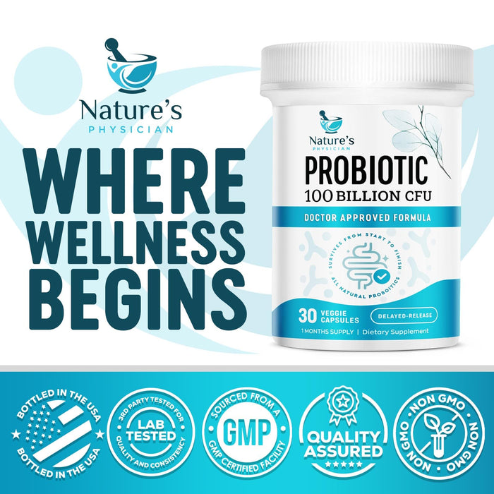 Nature's Physician Probiotics - 100 Billion CFU - 16 Strains + Prebiotics - Best Probiotic Supplement for Women & Men - Supports Immune, Digestive Health, Occasional Constipation & Gas - 30 Capsules