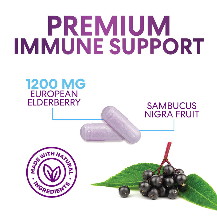Elderberry Immune Support 1200mg Extract Capsules - Daily Immune Support for Adults with Concentrated Sambucus Black Elderberry Antioxidant - Gluten Free Vitamin, Non-GMO Supplement - 120 Capsules