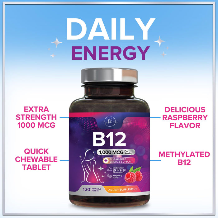 B 12 Vitamin Chewables 1000 mcg - B12 Complex with Heart & Nerve Energy Health Support - Vitamin B-12 Complex for Adults with Immune Health Support - Gluten & Sugar Free - 120 Chewables
