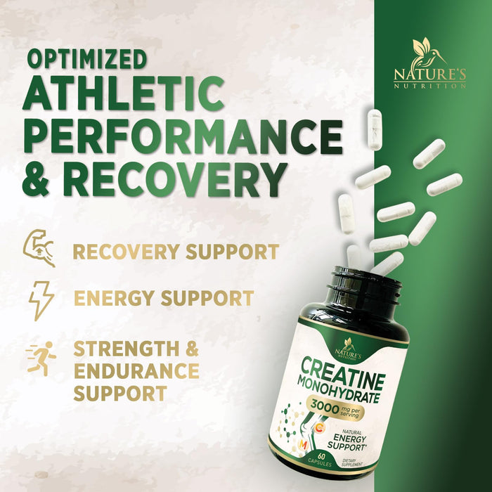 Creatine Monohydrate Capsules 3000mg – Best Micronized Creatine Powder - Supports Lean Muscle, Strength, Energy, & Endurance - Nature's Supplement, Non-GMO, Gluten Free for Women & Men - 60 Capsules