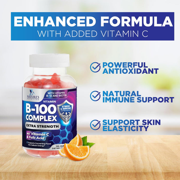 B Complex Supplement Gummies with Vitamin C & Folic Acid, Extra Strength Super Vitamin B Gummy with Niacin, B6, Folic Acid, B12, Biotin, Nature's Energy Immune Support Supplements - 120 Gummies
