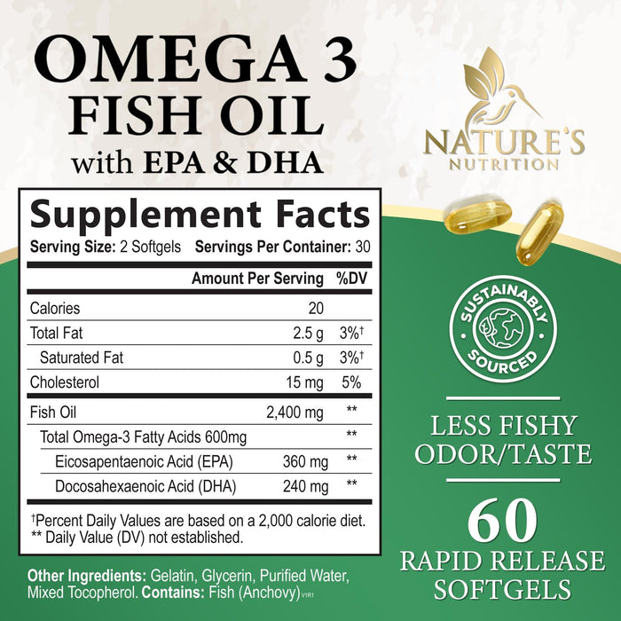 Omega 3 Fish Oil Supplements - 2400 mg Triple Strength Omega3, EPA & DHA with Essential Fatty Acids - Natural Immune, Brain & Heart Health Support - Gluten Free, Non-GMO, Wild Caught - 60 Softgels