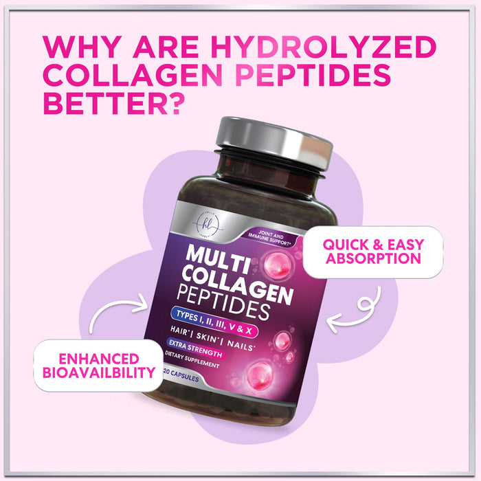 Multi Collagen Peptides Supplement - Hydrolyzed Types I, II, III, V & X Multi Collagen Pills, Hydrolyzed Collagen Peptides Supplements, Hair, Skin, Nail, and Joint Support Supplement, 120 Capsules