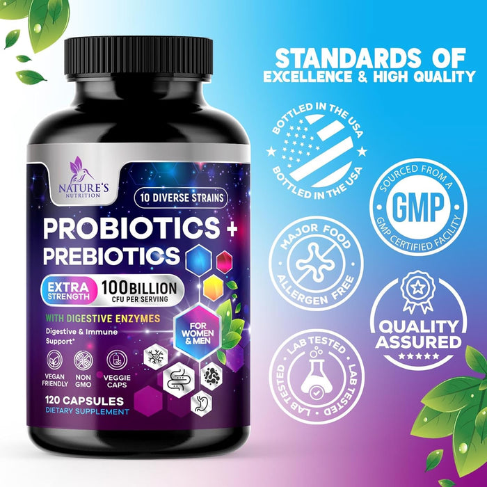Probiotics for Women & Men 100 Billion CFU - 10 Strains with Lactobacillus, Digestive Gut Health Probiotics & Immune Support Supplement, Supports Occasional Constipation, Gas & Bloating - 120 Capsules