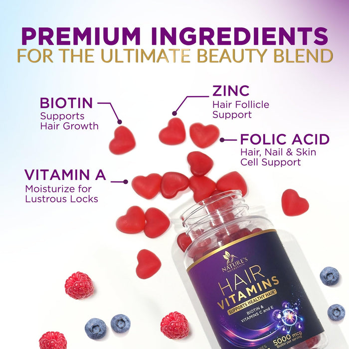 Hair Vitamins Gummies with Biotin 5000 mcg - Stronger, Radiant Hair, Skin & Nails Supplement - Vitamin E & C, Hair Growth Support Vitamin for Women & Men, Non-GMO & Gluten Free - 60 Gummies