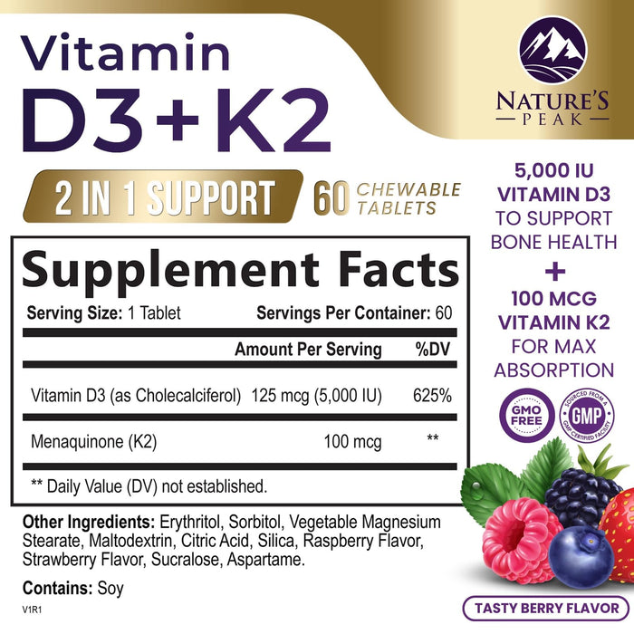 Vitamin D3 K2 - 5000 iu Vitamin D3 & 100 mcg Vitamin K2 (MK-7) Complex for Immune Support - Bone, Teeth & Muscle Health Support - Berry Chewable, Gluten Free, Non-GMO, Made in USA - 60 Tablets