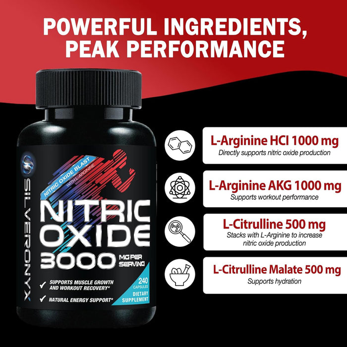 Extra Strength Nitric Oxide Supplement 3X Strength L Arginine, Citrulline Malate, AAKG, Beta Alanine - Premium Muscle Supporting Nitric Booster - Natural Energy & Heart Health Support - 240 Capsules