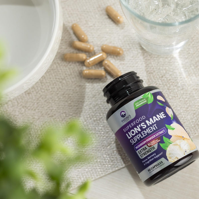 Lions Mane Mushroom Capsules 10,000mg - Lion’s Mane Supplement Capsules for Memory and Focus Support, Brain, Immune Health Support, Vegan, Bottled in USA, Lions Mane Mushroom Powder Extract, 60 Count