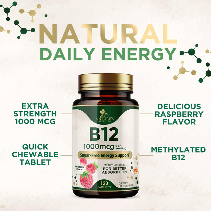 Vitamin B12 (Methylcobalamin) 1000 mcg - Chewable Tablet for Energy, Nervous System & Brain Support - Maximum Strength, Fast Dissolve, Vegan, Gluten-Free, Non-GMO for Women & Men - 120 Tablets
