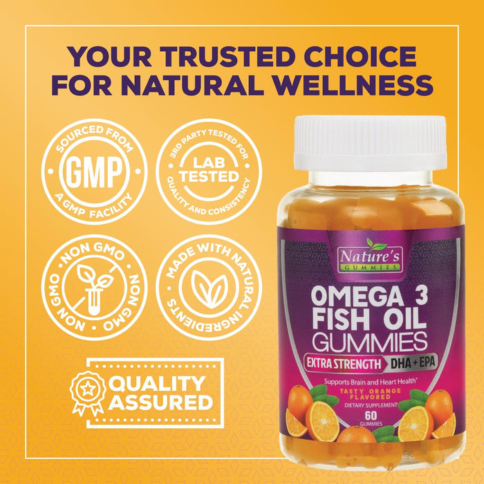 Omega 3 Fish Oil Gummies, Heart Healthy Omega 3 Gummy Supplement with High Absorption DHA & EPA, Extra Strength Joint & Brain Support, Delicious Orange Flavor Fish Oil Nature's Vitamin - 60 Gummies