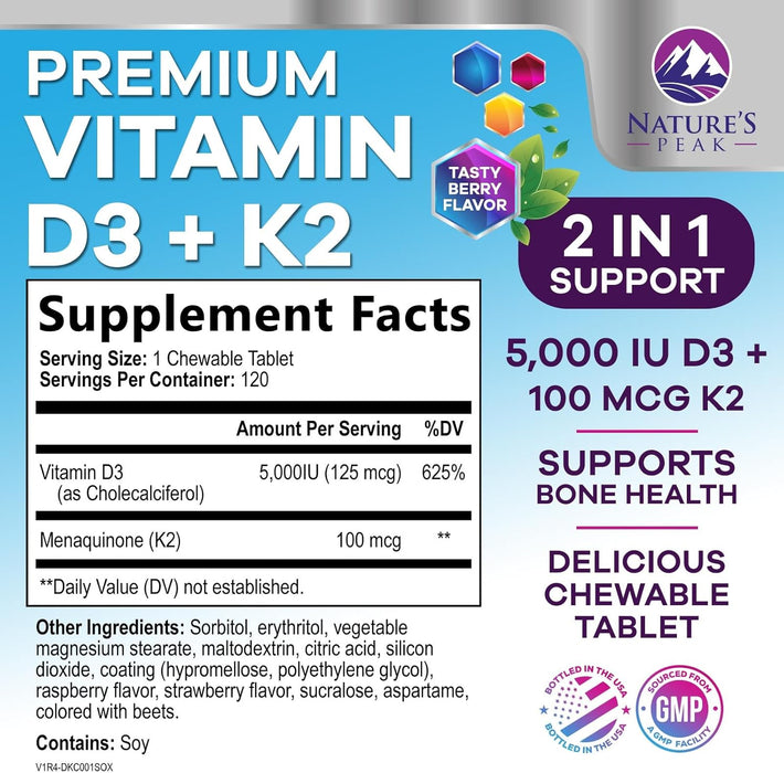 Vitamin D3 K2 - 5000 iu Vitamin D3 & 100 mcg Vitamin K2 (MK-7) Complex for Immune Support - Bone, Teeth & Muscle Health Support - Berry Chewable, Gluten Free, Non-GMO, Made in USA - 120 Tablets