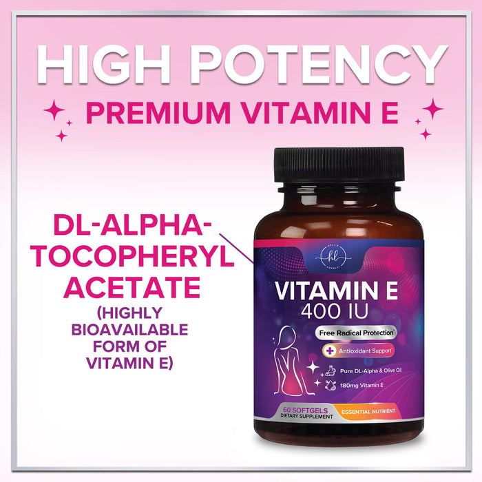 Vitamin E for Women and Men - 180 mg (400 IU) dl-Alpha - Powerful Antioxidant Dietary Supplement - Hair, Skin, & Immune Health Support - Easily Absorbed Form, Non-GMO & Gluten Free - 60 Softgels
