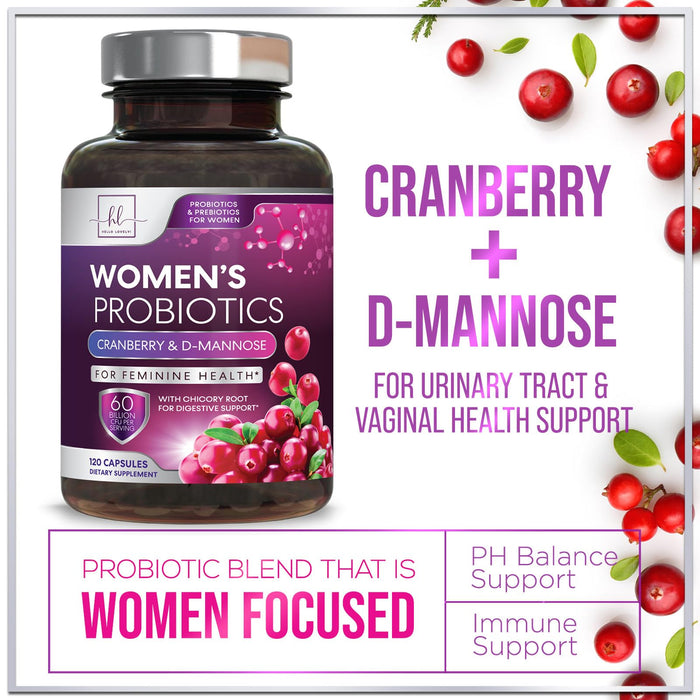 Probiotics for Women - 60 Billion CFU & 16 Strains for pH Balance, Vaginal & Digestive Support, Women's Probiotic with Cranberry for Gut Health, Urinary & Immune Support, Shelf Stable - 120 Capsules