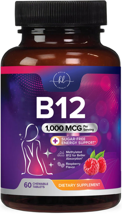 B 12 Vitamin Chewables 1000 mcg - B12 Complex with Heart & Nerve Energy Health Support - Vitamin B-12 Complex for Adults with Immune Health Support - Gluten & Sugar Free - 60 Chewables