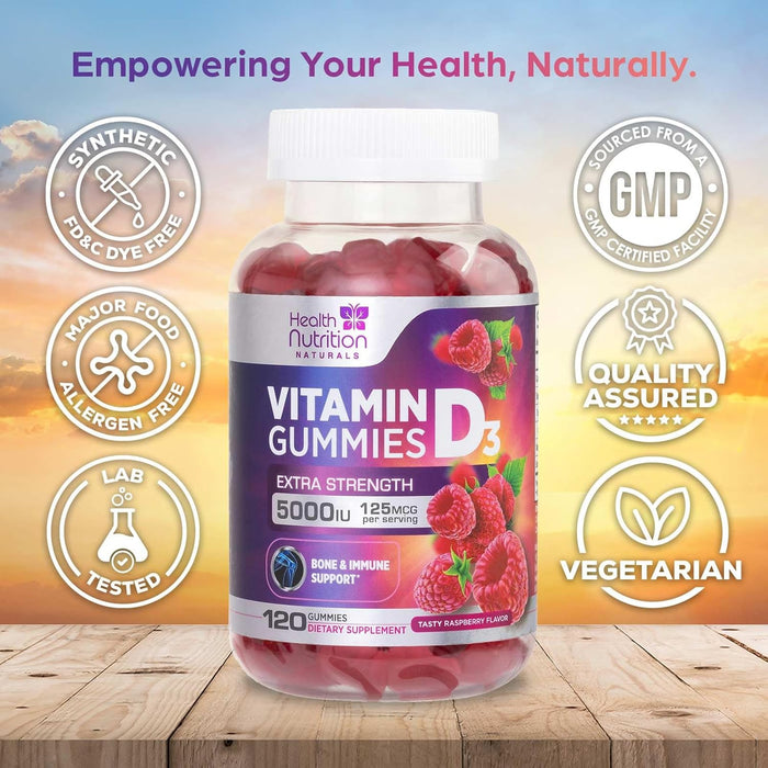 Vitamin D3 Gummies 5000 IU (125 mcg) - Extra Strength Immune Support, Bone, Teeth and Muscle Vitamin D Gummy Dietary Supplement, Nature's Berry D Vitamin Supplement, Raspberry, Non-GMO - 120 Gummies
