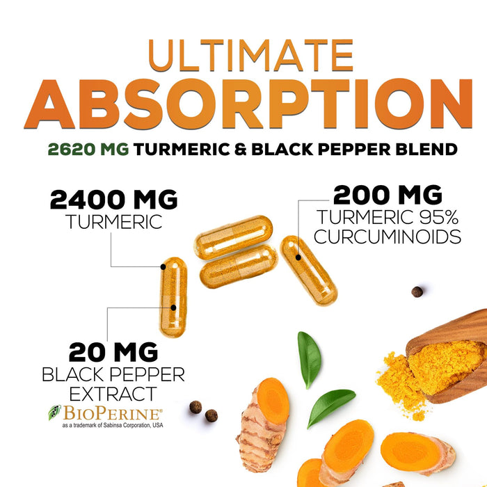 Turmeric Curcumin Supplement with BioPerine 95% Curcuminoids 2600mg with Black Pepper for Best Absorption, Bottled in USA, Best Natural Vegan Joint Support, Nature's Non-GMO Tumeric - 120 Capsules