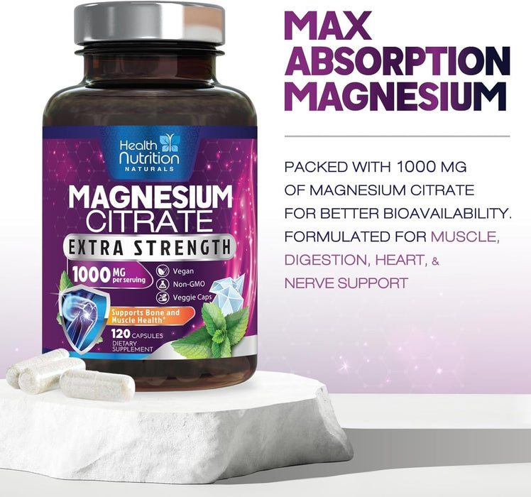 Magnesium Citrate Capsules 1000mg - Max Absorption Magnesium Powder for Muscle, Nerve, Bone and Heart Health Support, High Absorption Citrate Complex, Gluten Free, Non-GMO - 120 Capsules