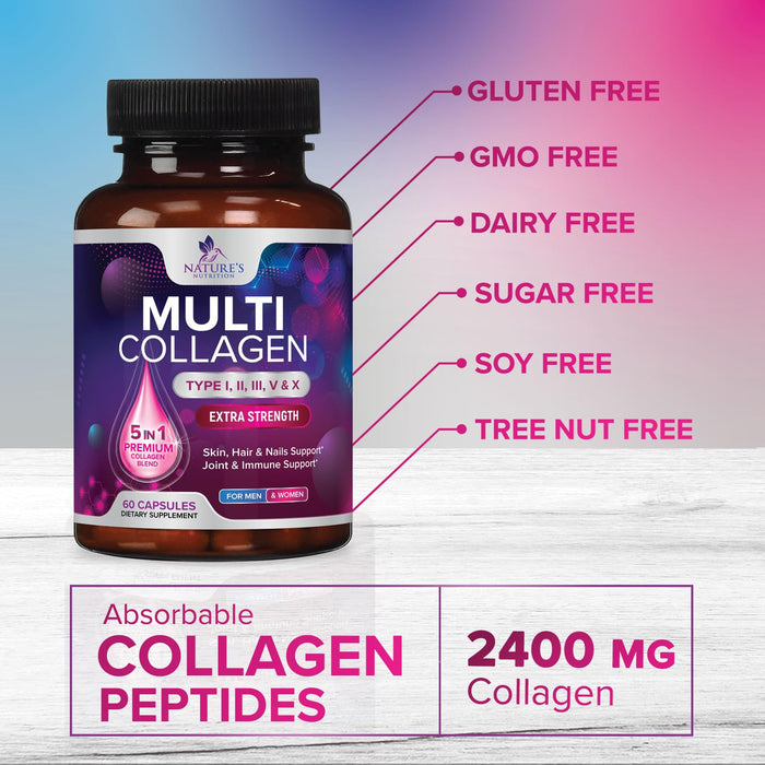 Multi Collagen Peptides Supplement - Hydrolyzed Types I, II, III, V & X Multi Collagen Pills, Hydrolyzed Collagen Peptides Supplements, Hair, Skin, Nail, and Joint Support Supplement, 60 Capsules