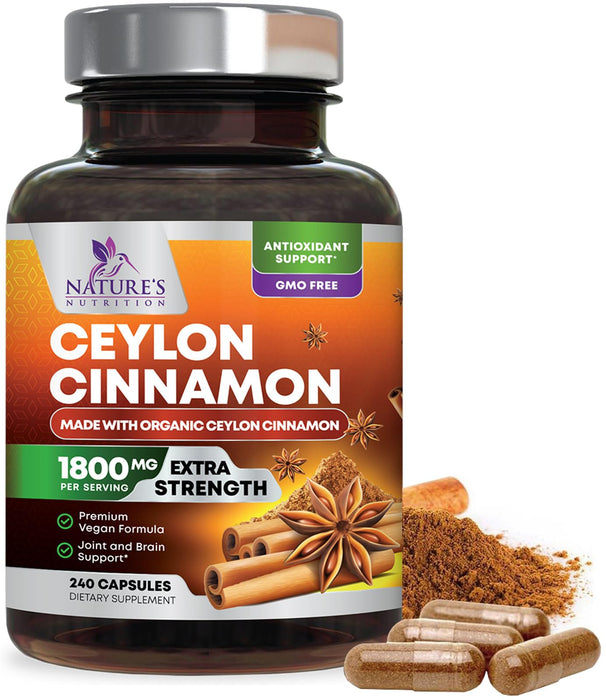 Organic Ceylon Cinnamon Supplement 1800mg - Certified Organic Ceylon Cinnamon Powder Pills - Energy & Heart Support for Women & Men, Bottled in USA, Antioxidant, Gluten Free, Non-GMO - 240 Capsules