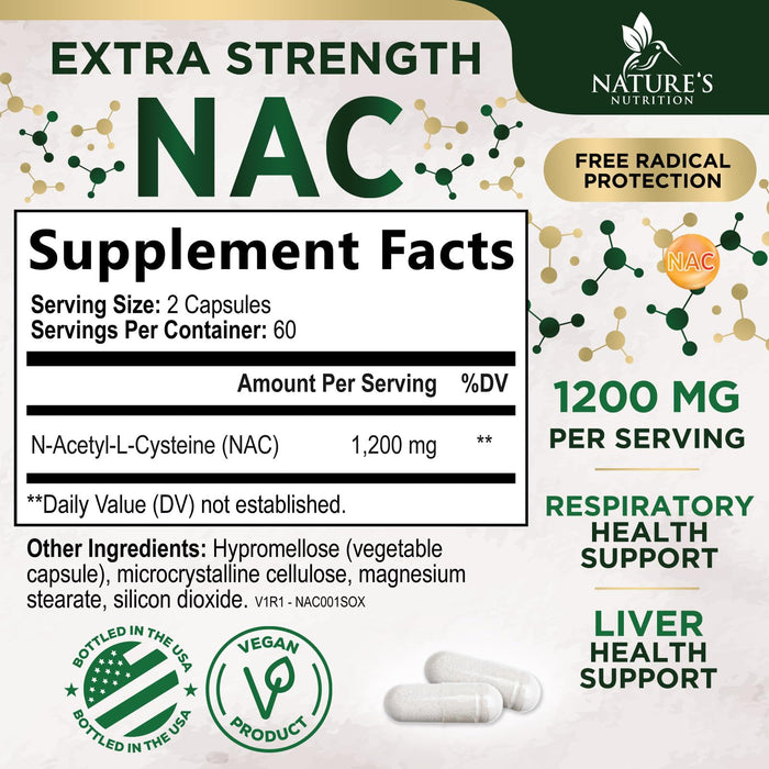 NAC Supplements N-Acetyl L-Cysteine (NAC) 1200 mg - NAC Supplement for Lung Health & Immune Support, Liver Support & Antioxidants, Freefrom N-Acetylcysteine, Gluten Free, Non-GMO, 120 Veggie Capsules