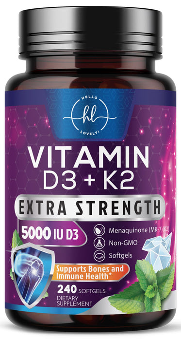 Vitamin D3 K2 - Vitamin D3 (5000 iu) & 100 mcg Vitamin K2 (MK-7) Complex for Immune Support & Bone, Teeth & Muscle Health - Easy to Swallow, Gluten Free, Non-GMO, Bottled in USA - 240 Softgels