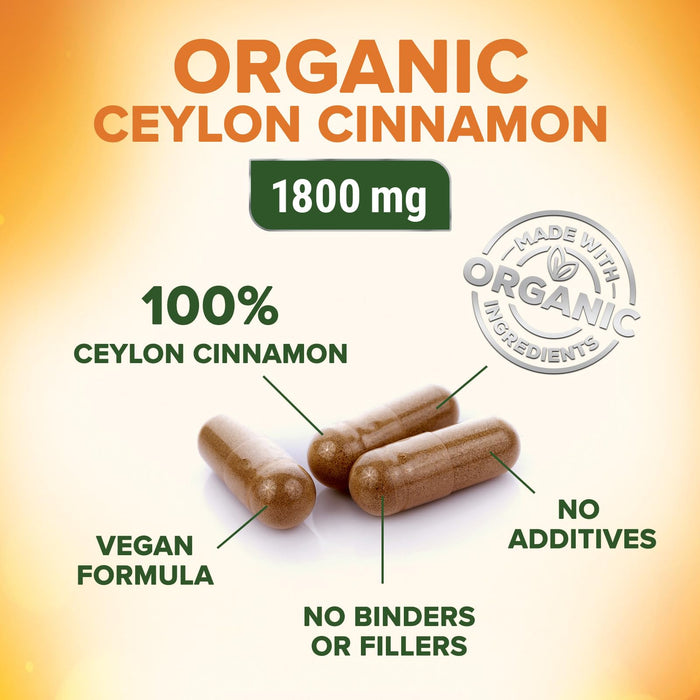 Ceylon Cinnamon Capsules 1800mg - Certified Organic Cinnamon, Bottled in USA, & Pure Extra Strength Ceylon Cinnamon Supplement, Antioxidant Pills, Non-GMO & Gluten Free, Sugar Free - 120 Capsules