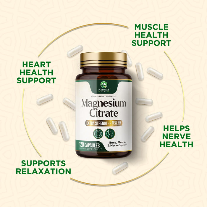 Magnesium Citrate 1000mg - High Absorption Magnesium Supplement Supports Muscle, Bone, Nerve & Heart Health - Extra Strength Magnesio Complex Pills - Non-GMO, Premium Energy Formula - 120 Capsules