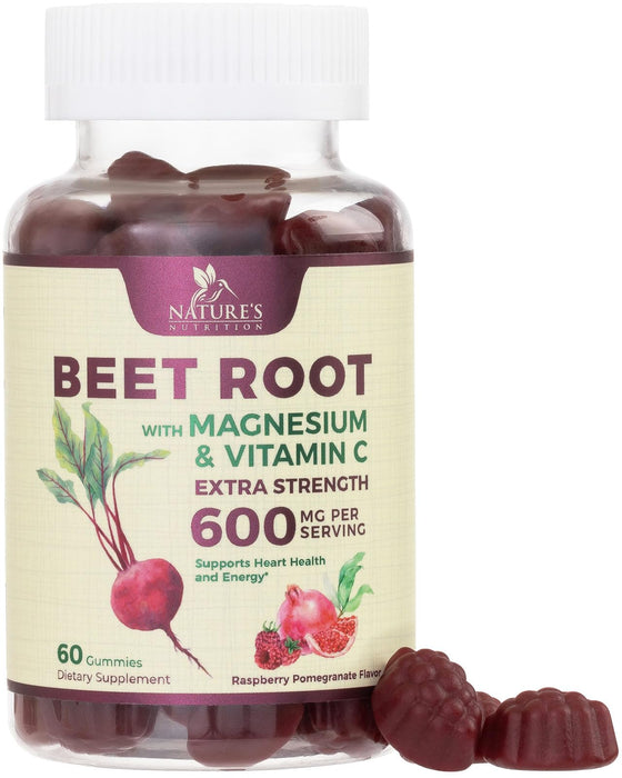 Beet Root Supplement Gummies - 500mg Per Serving with Beetroot Extract Powder Vitamin C & Magnesium - Supports Energy Heart Health & Nitric Oxide Production - Red Beets Supplements Gummy - 60 Gummies