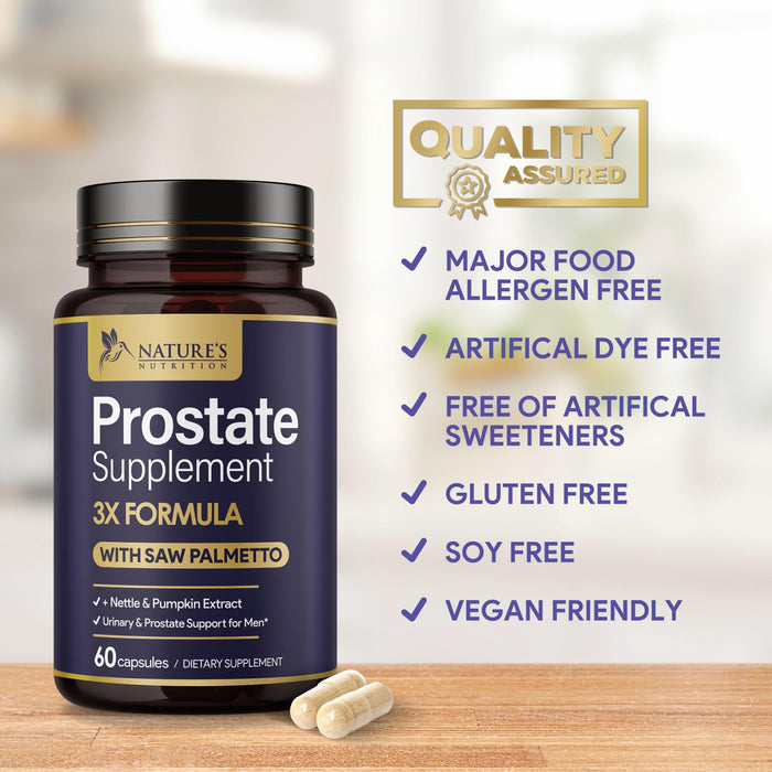 Prostate Health Supplements for Men - Support Complex 3X Formula with Saw Palmetto Blend Stinging Nettle Root & Pumpkin Seed Extract - Supports Bathroom Trips Prostate & Urinary Health - 60 Capsules
