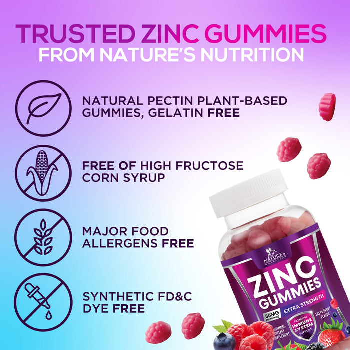 Zinc Gummies 50mg - Bone Skin & Immune Support Health Gummy & Premium Antioxidant Chewable for Adults - High Absorption Vegan, Gluten Free Zinc Supplements Vitamin - Tasty Berry Flavor - 120 Gummies