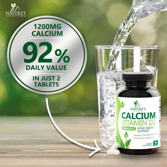 Calcium Supplement with Vitamin D - 1200 mg Calcium Carbonate with 1600 IU of D3 Vitamins - Supports Bone Strength, Teeth & Immune System - Natural & Easily Absorbable for Women & Men - 60 Tablets
