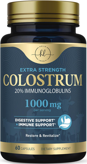 Colostrum 1000mg 20% IgG Immunoglobulins - Gut Health, Digestion & Immune Support, Bovine Colostrum Powder for Women, Muscle, Skin & Hair Growth Support, Bottled in The USA, Gluten Free - 60 Capsules