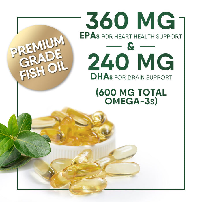 Omega 3 Fish Oil Supplements - 2400 mg Triple Strength Omega3, EPA & DHA with Essential Fatty Acids - Natural Immune, Brain & Heart Health Support - Gluten Free, Non-GMO, Wild Caught - 60 Softgels