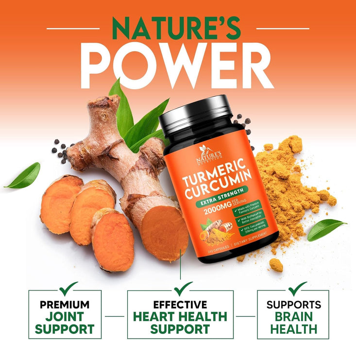 Turmeric Curcumin Supplement 2000mg - Nature's Joint & Immune Support, Organic Tumeric & BioPerine Black Pepper for Best Absorption with 95% Curcuminoids, Non-GMO, Bottled USA - 240 Count