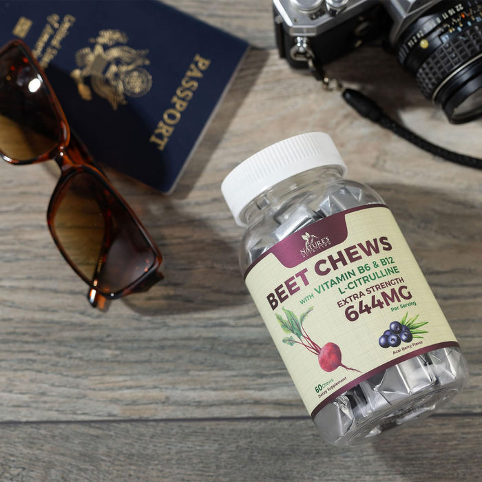 Heart Chews - Nitric Oxide & Energy Support with Beet Root Extract & Grape Seed Extract - Natural Non-GMO Beetroot Powder Antioxidant Soft Berry Flavor Chewable Supplement for Women & Men - 60 Count