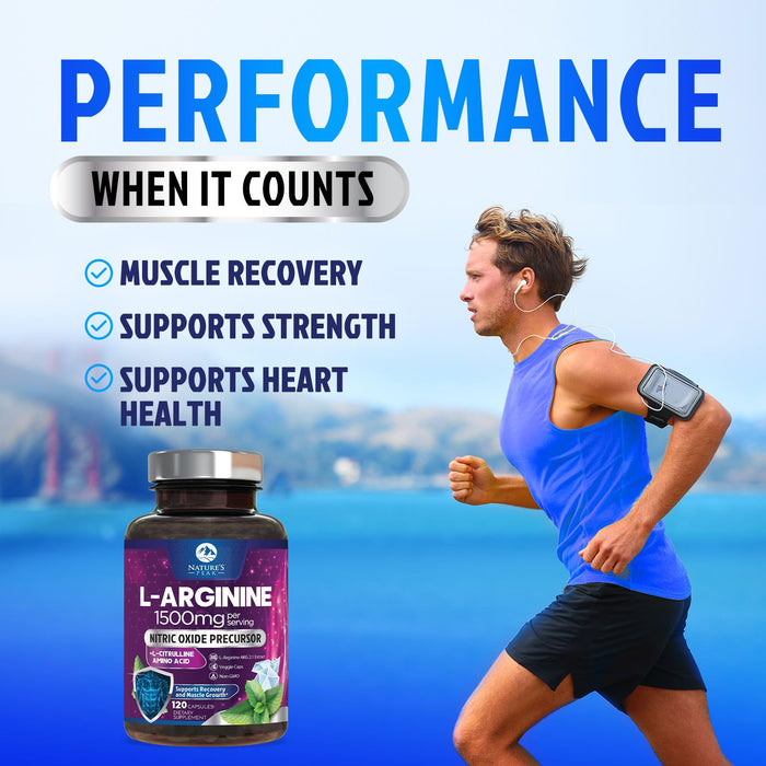 L-Arginine 1000mg Supplement - Heart Health Support - Premium Muscle Supporting Nitric Oxide Precursor Booster for Extra Strength - Gluten Free, Amino Acid Energy Blend For Men & Women - 120 Capsules