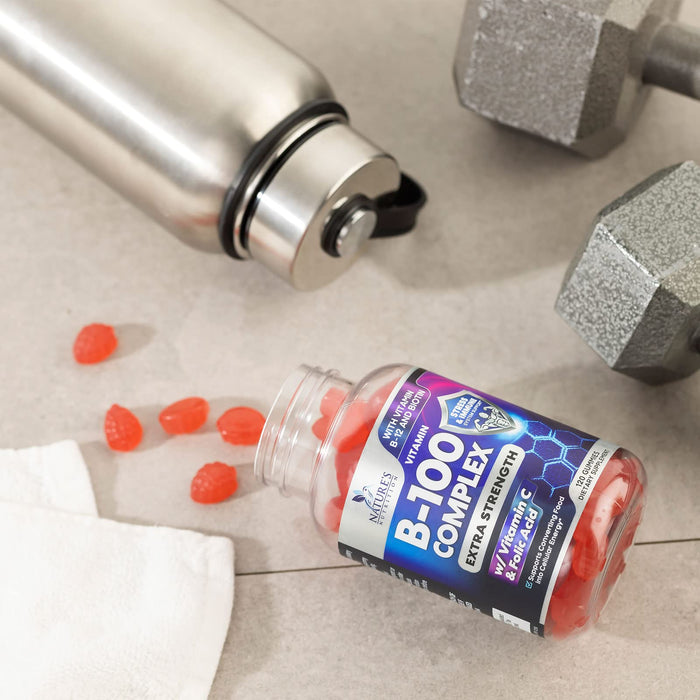 B Complex Supplement Gummies with Vitamin C & Folic Acid, Extra Strength Super Vitamin B Gummy with Niacin, B6, Folic Acid, B12, Biotin, Nature's Energy Immune Support Supplements - 120 Gummies