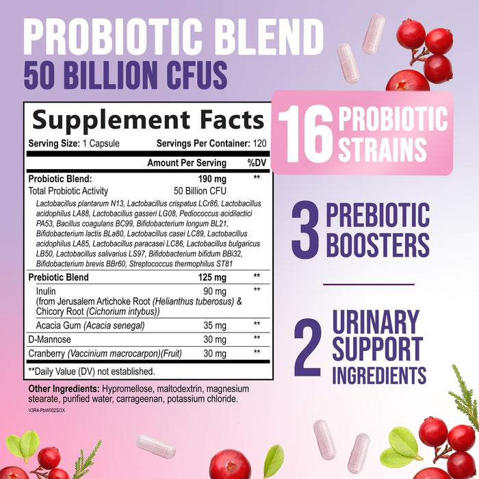 Probiotics for Women - Probiotic Blend 50 Billion CFU Per Cap - 16 Feminine Health Strains Women's Probiotic - Prebiotic for Vaginal PH Balance, Urinary UT Health Support - Bottled USA - 120 Capsules